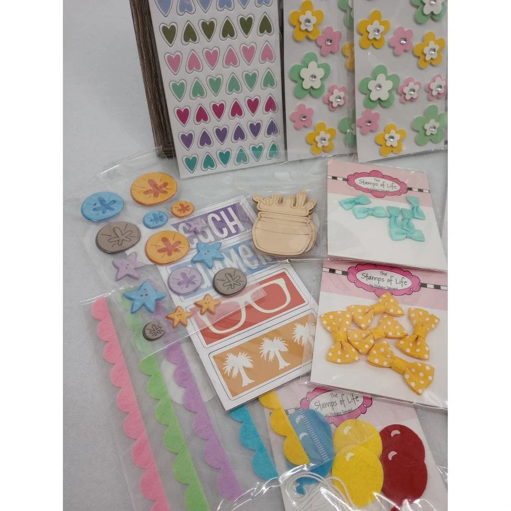 Stamps of Life Craft Embellishment Lot Multicolor Stickers Bows Felt Chipboard